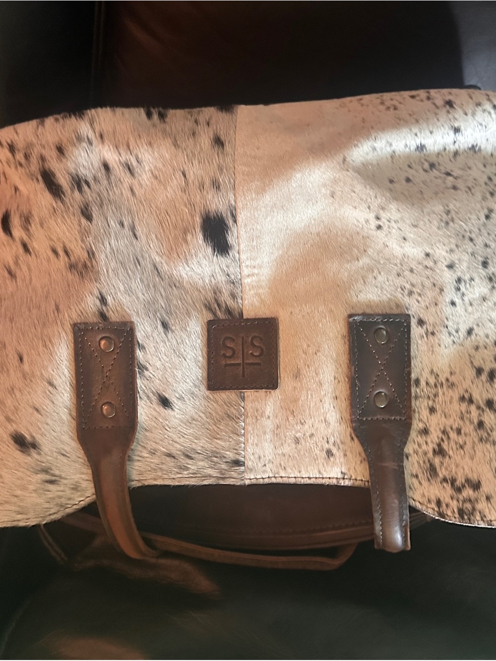STS Ranchwear Brown Leather-Trim Spotted Cream Hair-On Hide Tote - Picture 2 of 7